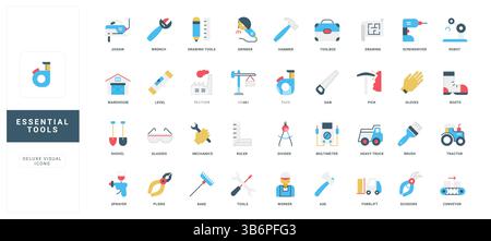 Équipement et dispositif, outils essentiels du travailleur et des machines lourdes pour la construction et les travaux industriels ensemble d'icônes de couleur. Bras automatisé de robot, chariot élévateur d'entrepôt, illustration vectorielle plate de convoyeur Illustration de Vecteur