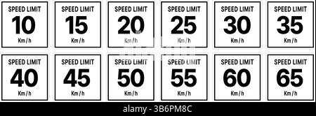 Une collection de divers panneaux carrés de limite de vitesse affichant différentes valeurs de vitesse maximale allant de 10 à 65 kilomètres par heure (km/h). Illustration de Vecteur