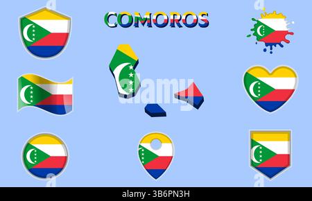 Collection de drapeaux et d'armoiries des Comores dans un style plat avec carte et texte Illustration de Vecteur