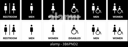 Icônes vectorielles pictogramme des toilettes publiques pour les hommes, les femmes, l'accès handicapé et l'assistance aux enfants dans un noir et blanc minimaliste. Illustration de Vecteur