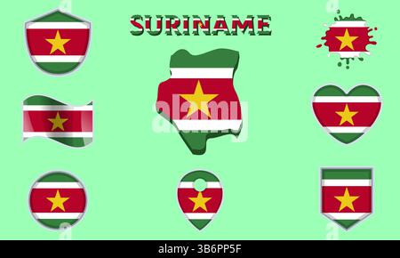 Collection de drapeaux et d'armoiries du Suriname dans un style plat avec carte et texte Illustration de Vecteur