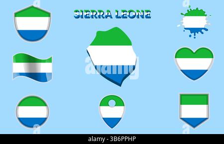 Collection de drapeaux et d'armoiries de Sierra Leone dans un style plat avec carte et texte Illustration de Vecteur