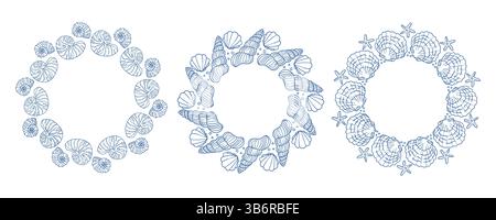 Design décoratif avec une coquille de cowrie entourée d'étoiles de mer dans un motif circulaire Illustration de Vecteur