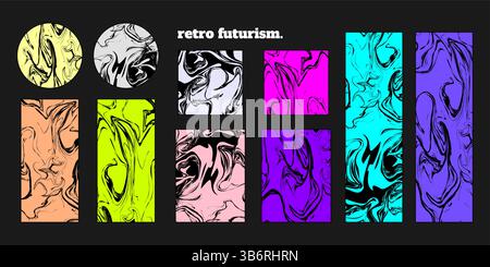 Illustration vectorielle. Jeu de bannières abstraites. Style de texture de marbre liquide. Concept Y2K avec des couleurs vives et acides. Élément pour poster de conception, couverture Illustration de Vecteur