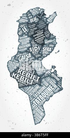 Nuages de mots des régions tunisiennes. Forme de pays sur fond texturé. Tunisie design dans un style typographique. Belle illustration vectorielle. Illustration de Vecteur