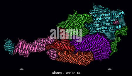 Autriche Word Cloud. Noms de région du pays en allemand. Design de style néon lumineux sur fond sombre. Illustration de Vecteur