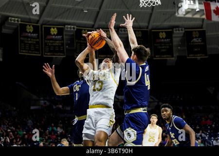 14 février 2024 : L'attaquant de notre Dame Tae Davis (13 ans) tire la balle alors que le gardien Georgia Tech carter Murphy (4 ans) et le gardien Georgia Tech Kyle Sturdivant (1 an) défendent lors d'un match de basket-ball de la NCAA entre les Georgia Tech Yellow Jackets et notre Dame Fighting Irish au Pavillon Purcell au Joyce Center à South Bend, Indiana. John Mersits/CSM. (Crédit image : © John Mersits/CSM via ZUMA Press Wire) Banque D'Images
