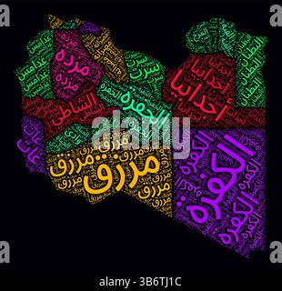Libye Word Cloud. Noms de région du pays en langue arabe. Design de style néon lumineux sur fond sombre. Illustration de Vecteur