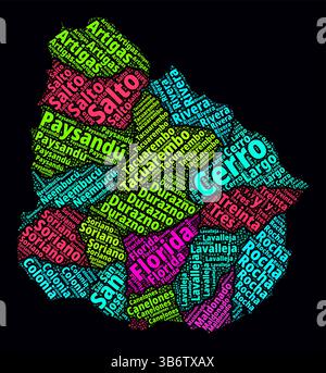 Uruguay Word Cloud. Noms de région du pays en langue espagnole. Design de style néon lumineux sur fond sombre. Illustration de Vecteur