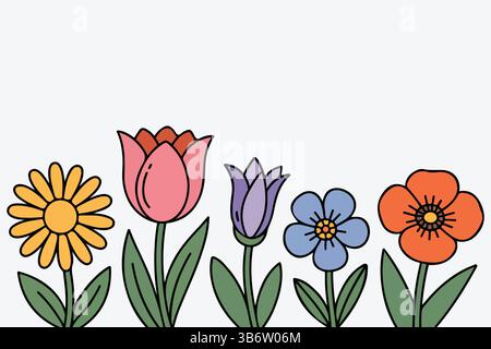design de fleurs vectorielles vibrant avec des fleurs colorées et des feuilles vertes Illustration de Vecteur