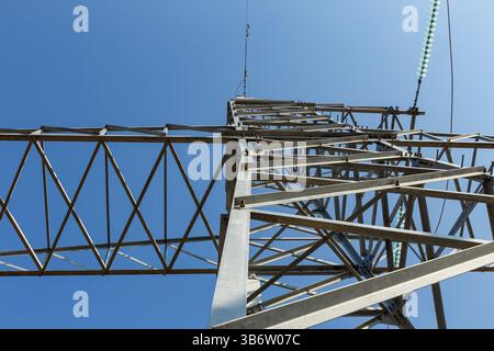 Vue des isolateurs de ligne d'alimentation haute tension face à un ciel bleu clair Banque D'Images