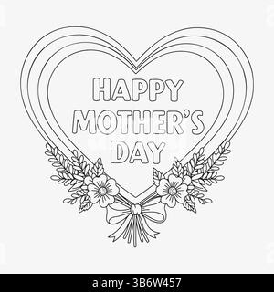 heureuse fête des mères contour de coeur dessiné à la main avec feuille de coloration de bouquet floral Illustration de Vecteur