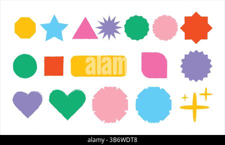 Ensemble de formes géométriques grungy de base. étoiles rugueuses et désordonnées, cœur et illustrations vectorielles de formes de base. Illustration de Vecteur