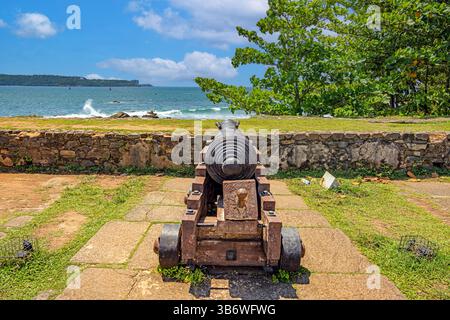 Vieux canon à Galle Fort pointant vers l'océan sous le ciel bleu et les palmiers en été Banque D'Images