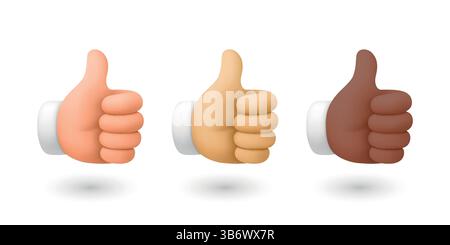 Jeu d'icônes Vector 3d Thumbs Up, isolé. Art gestuel de la main, illustrations réalistes Thumbs Up, diverses icônes de teinte de peau. Symbole pouce levé, main d'approbation Illustration de Vecteur