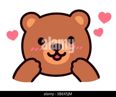 Mignon visage d'ours de bande dessinée rougissant de coeurs. Dessin d'autocollant de caractère Kawaii, illustration vectorielle. Illustration de Vecteur
