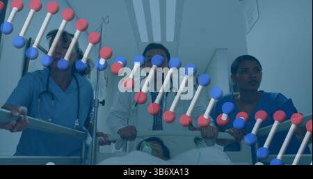 Image de l'adn sur divers médecins femmes et hommes courant au lit avec un patient inconscient Banque D'Images
