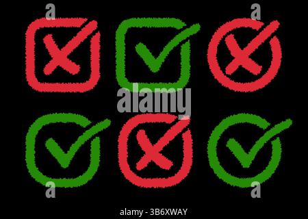 Une collection de cases à cocher floues dessinées à la main et de croix en rouge et vert sur fond noir. Illustration de Vecteur