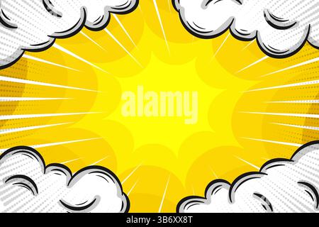 Fond de bande dessinée jaune avec nuages et illustration vectorielle Starburst Doodle Illustration de Vecteur