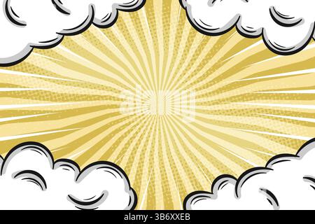 Fond de bande dessinée jaune avec nuages et illustration vectorielle Starburst Doodle Illustration de Vecteur