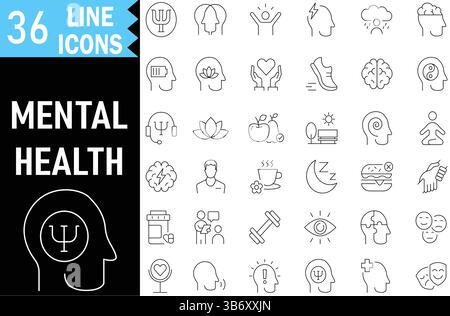 Collection d'icônes de ligne mentale et psychologique. Grande icône d'interface utilisateur définie dans un design plat. Pictogrammes vectoriels modifiables. Illustration EPS10.eps Illustration de Vecteur
