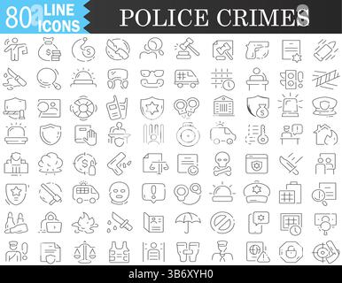 Collection d'icônes de ligne de police et de crimes. Grande icône d'interface utilisateur définie dans un design plat. Pack d'icônes à contour fin. Illustration vectorielle Illustration de Vecteur