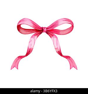 Ruban rose aquarelle dessiné à la main. Arc rose décoratif coloré pour cartes, invitations, scrapbooking, décor Banque D'Images