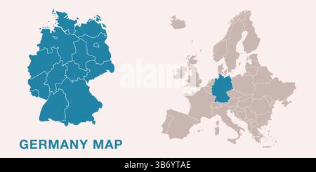 Carte de l'Allemagne avec les divisions administratives et la position mise en évidence sur la carte de l'Europe. Isolé sur fond blanc. Illustration vectorielle. Illustration de Vecteur