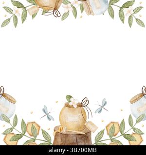Cadre carré illustration aquarelle pot, pot de miel, nid d'abeille dans les fleurs de camomille, feuilles, libellule. Illustration dessinée à la main sur fond isolé Banque D'Images