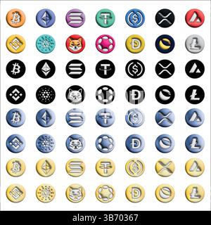 Pack d'icônes de crypto-monnaie 3D Crypto coin logos HD pour Bitcoin, Ethereum, Solana, et plus encore Illustration de Vecteur