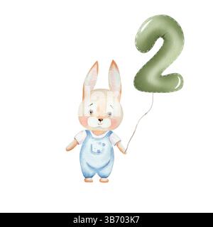 Joli lapin aquarelle en salopette bleue tenant un ballon vert en forme de numéro. Illustration pour la décoration de fête d'enfants, douches de bébé, fêtes d'anniversaire, cartes. Banque D'Images