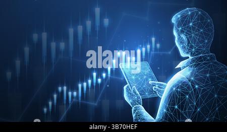 Courtier trader analysant les graphiques de change et de marché boursier. Illustration de Vecteur