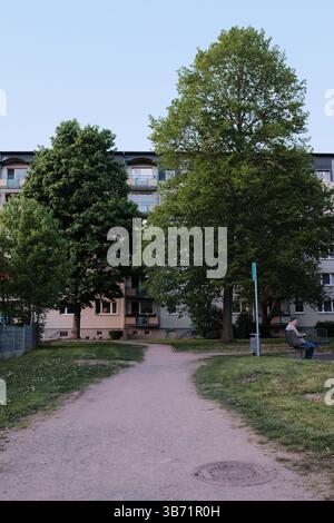 les gens jouant et se relaxant dans le parc vert public sous le ciel clair le jour ensoleillé au printemps. Photo de haute qualité Banque D'Images