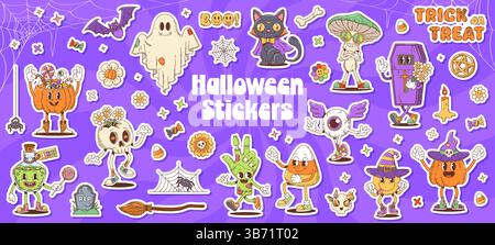 Pack d'autocollants de dessin animé de personnages groovy d'Halloween, de monstres et de décorations festives effrayantes. Patches de vacances de vecteur avec citrouille, fantôme, sorcière, chauve-souris, Illustration de Vecteur