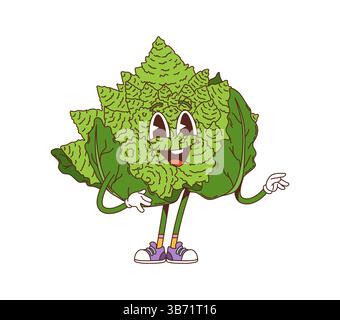 Personnage de dessin animé végétal Groovy Romanesco avec visage drôle, personnage comique vectoriel. Groovy Romanesco brocoli ou chou-fleur dans le dessin animé rétro avec h. Illustration de Vecteur
