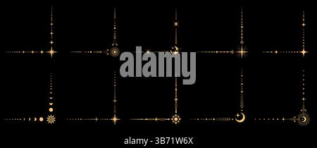 Jeu de vecteurs magiques de coins de bordure céleste ésotérique. Cadres élégants de style boho, décoration de l'espace avec des motifs cosmiques et des embellissements stellaires. Décor Illustration de Vecteur