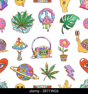 Motif sans couture de symboles groovy hippie rétro. Fond de tuile psychédélique y2k de vecteur de dessin animé rempli de champignons trippy, lecteur de cassette, planète abstraite, feuilles de marijuana, fleurs et visages surréalistes Illustration de Vecteur