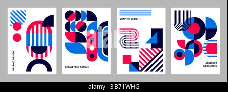 Modèles d'affiche d'affaires avec motif géométrique abstrait de formes de lignes roses bleues. Motif d'art minimal moderne vectoriel de cercles, de carrés et de triangles, de points et d'arches, ensemble d'affiches géométriques abstraites Illustration de Vecteur