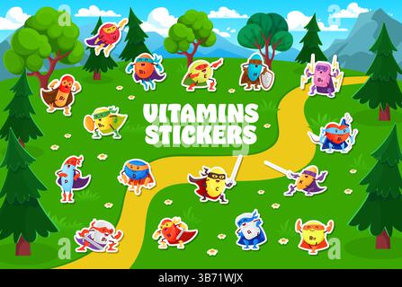 Les autocollants de caractères de vitamine de super-héros emballent dans le paysage forestier. Capsules de supplément vectoriel de dessin animé habillées en défenseurs dans des capes et des masques tenant des épées, combinant plaisir et conscience nutritionnelle Illustration de Vecteur