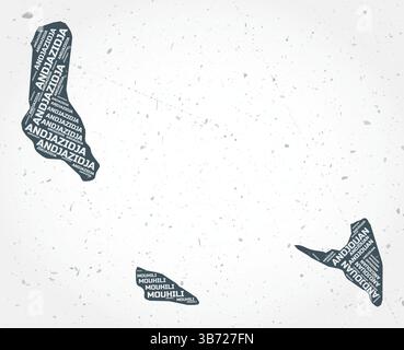 Nuages de mots des régions des Comores. Forme de pays sur fond texturé. Comores design dans un style typographique. Illustration vectorielle élégante. Illustration de Vecteur