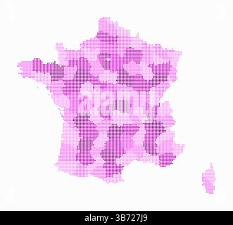 Carte en pointillés de la France. Carte de style numérique du pays sur fond blanc. Forme de France avec des points circulaires. Style de points colorés. Cercles de petite taille. Illustration de Vecteur