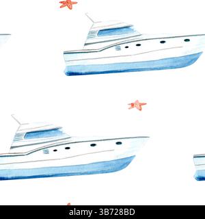 Yacht Starfish aquarelle sans couture motif isolé sur blanc. Clip art peint à la main parfait pour le textile, papier d'emballage, bannières, invitations Banque D'Images