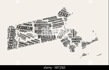 Nuage de mots Massachusetts. État avec division des comtés. Massachusetts texte typographique nuages de conception d'image vectorielle. Illustration de Vecteur