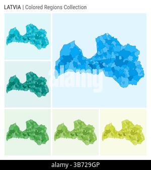 Collection de cartes de Lettonie. Forme de pays avec régions colorées. Bleu clair, cyan, sarcelle, vert, vert clair, palettes de couleurs de chaux. Illustration de Vecteur