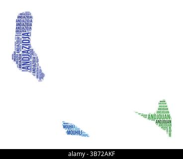 Nuage de mots de la région des Comores. Forme campagnarde. Comores illustration colorée. Nuage de collage de noms de région. Illustration vectorielle. Illustration de Vecteur