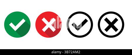 Icônes de liste de cases à cocher définies, vert et rouge isolé sur fond blanc. Icône de coche et de cercles croisés Illustration de Vecteur