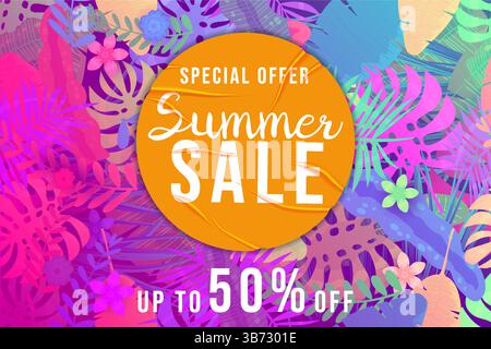 Fond de modèle de vente d'été plantes tropicales colorées, fleurs et feuilles Illustration de Vecteur
