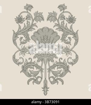 Coquille avec ornement floral, illustration de style de dessin de gravure Vintage Illustration de Vecteur