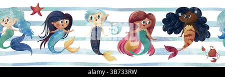 Filles de sirène joyeuses de frontière sans couture, un garçon merman, cheveux colorés et queues, vagues bleues. Aquarelle numérique dessinée à la main dans un style mignon pour enfants. Banque D'Images