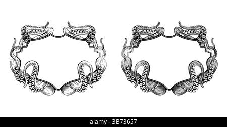 Cadres vintage avec tentacules de pieuvre, tuiles de plaque de monstre de kraken, animal vecteur de mer et d'eau de mer, menu de fruits de mer. Poulpe fantaisie ou monstre kraken Illustration de Vecteur